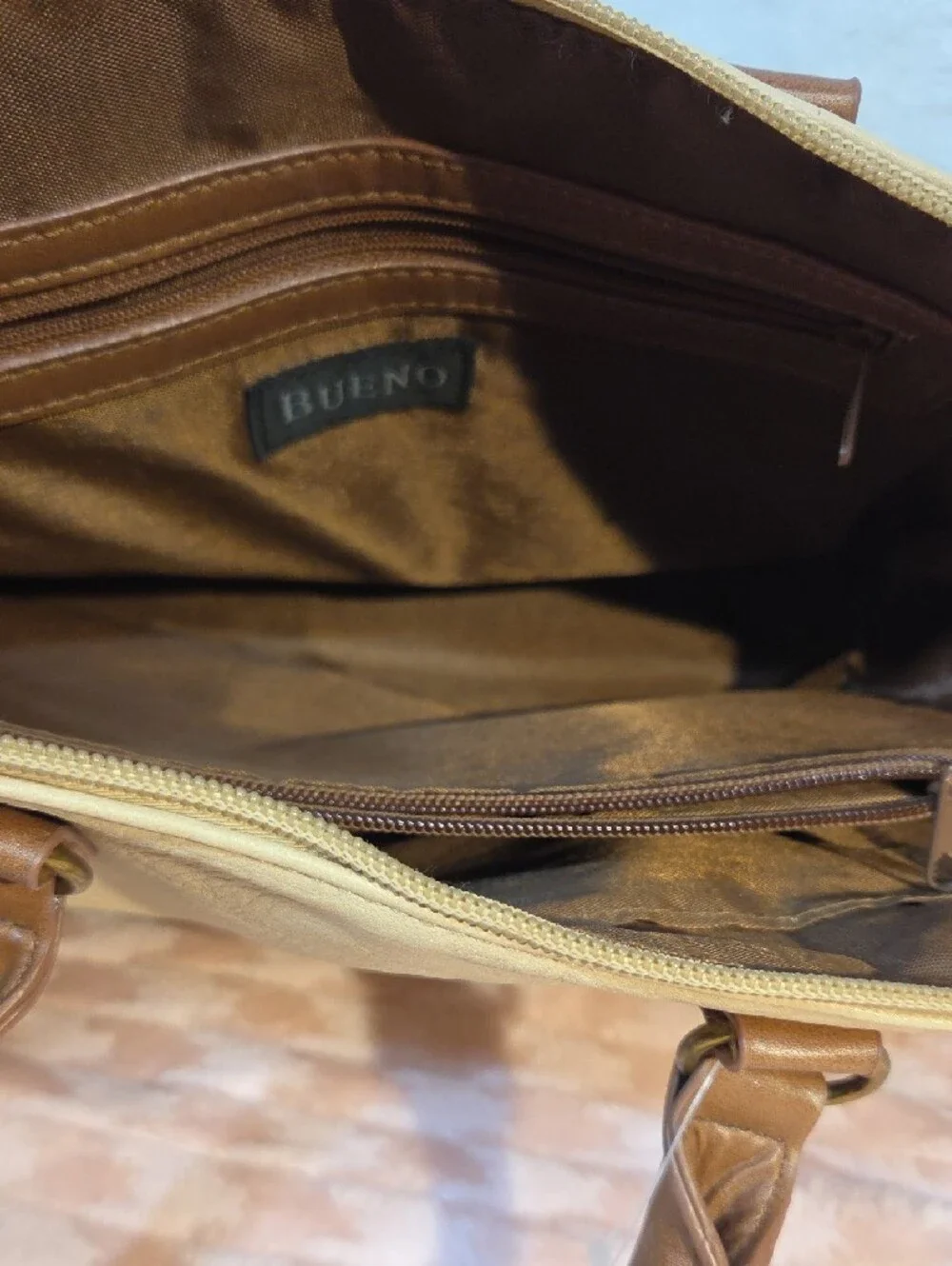 Bueno Classic Two-Tone Beige and Brown Satchel Handbag